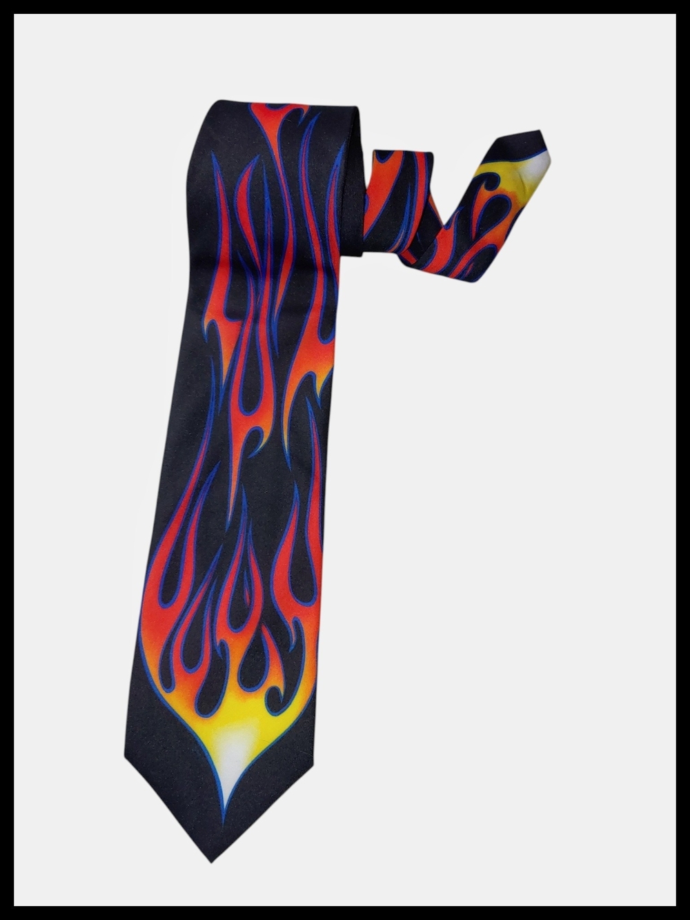 Vintage Ralph Marlin Black Tie Red Blue Yellow Flame Print